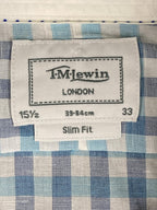 T.M. Lewin Mens Shirt  Slim Fit Blue Gingham Linen Blend Long Sleeve 15.5 (33)
