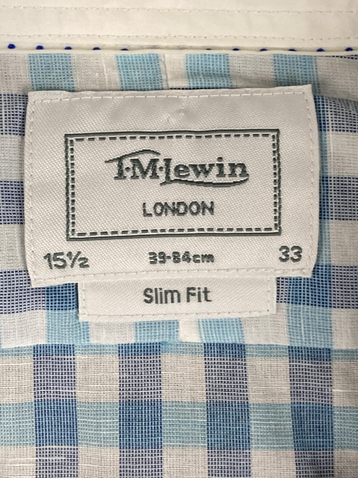 T.M. Lewin Mens Shirt  Slim Fit Blue Gingham Linen Blend Long Sleeve 15.5 (33)