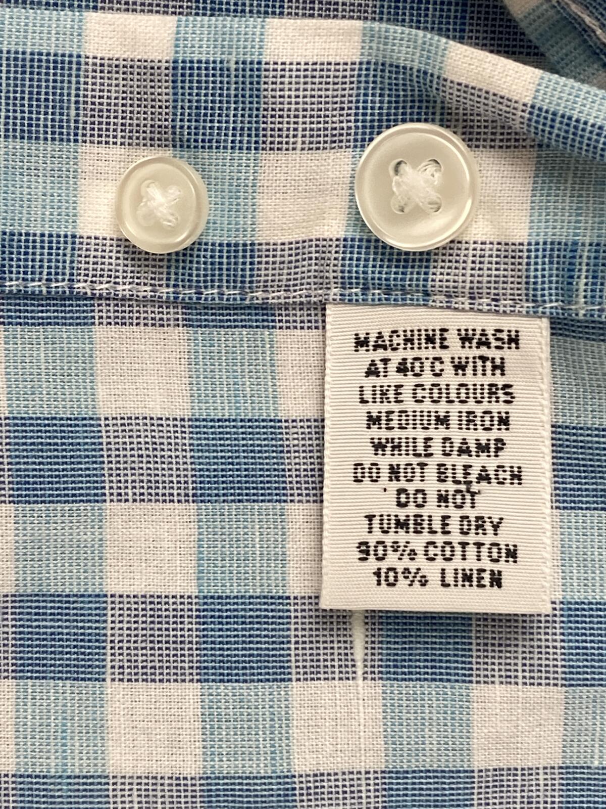 T.M. Lewin Mens Shirt  Slim Fit Blue Gingham Linen Blend Long Sleeve 15.5 (33)
