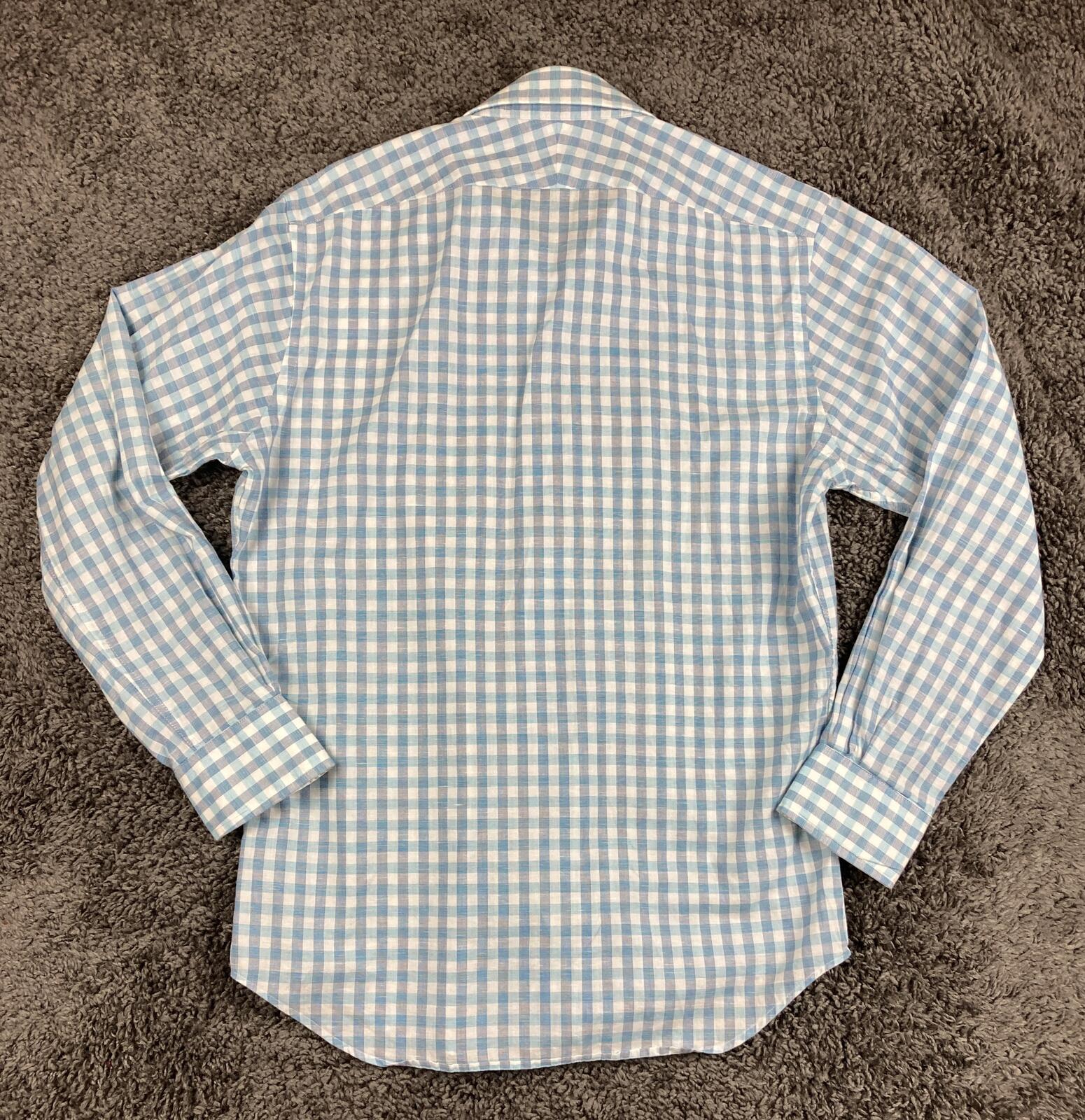 T.M. Lewin Mens Shirt  Slim Fit Blue Gingham Linen Blend Long Sleeve 15.5 (33)