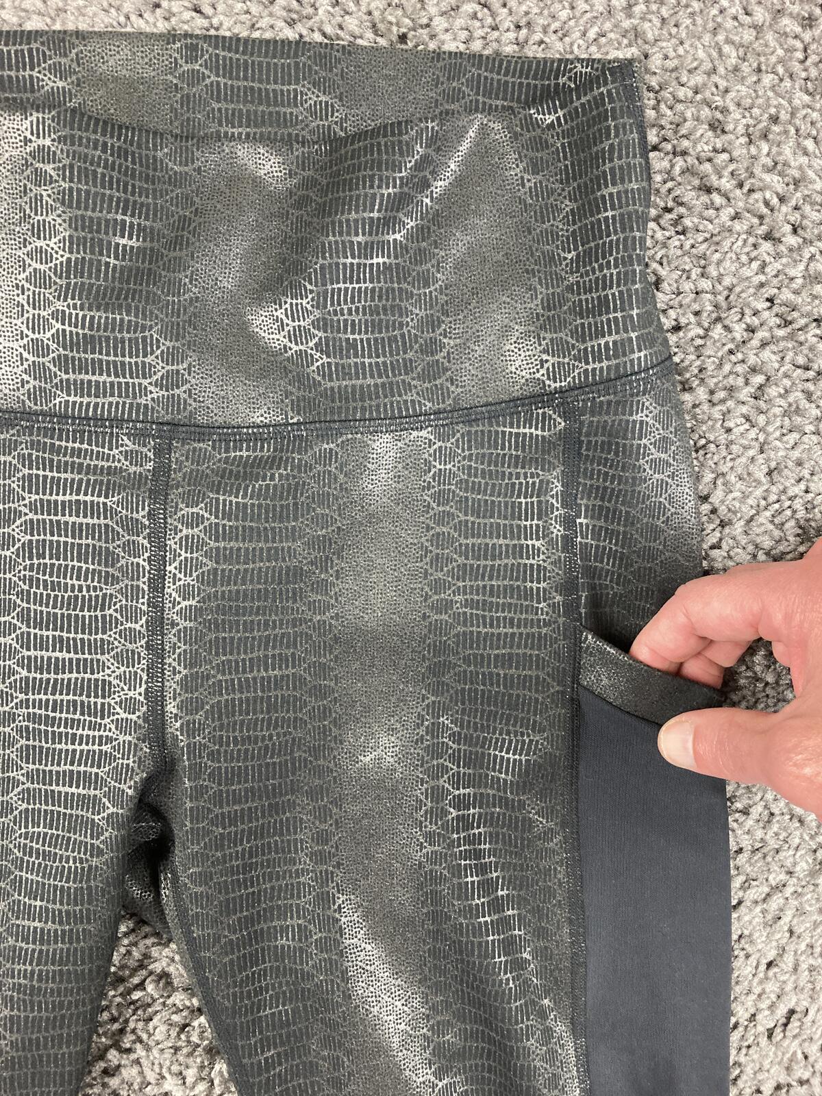 Fabletics PowerHold High Waisted Leggings Metallic Snakeskin Python Pockets Grey