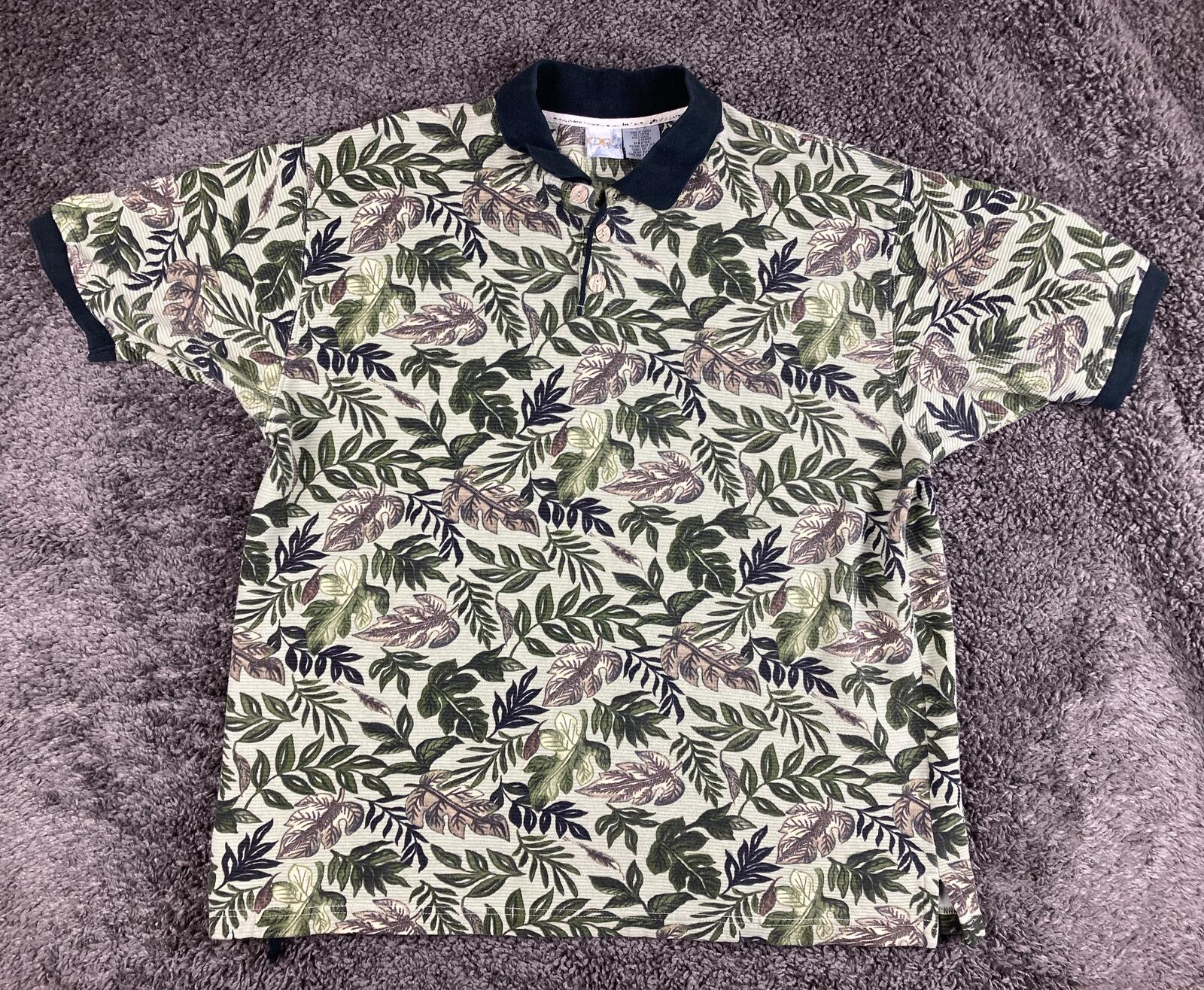 Vintage Op Ocean Pacific Sport Tropical Leaf Polo Shirt Cotton Green Floral XL