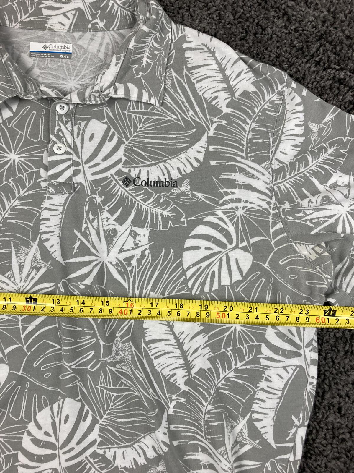 Columbia Thistledown Hills Polo Shirt Mens Gray White Floral Palm Leaf Cotton XL