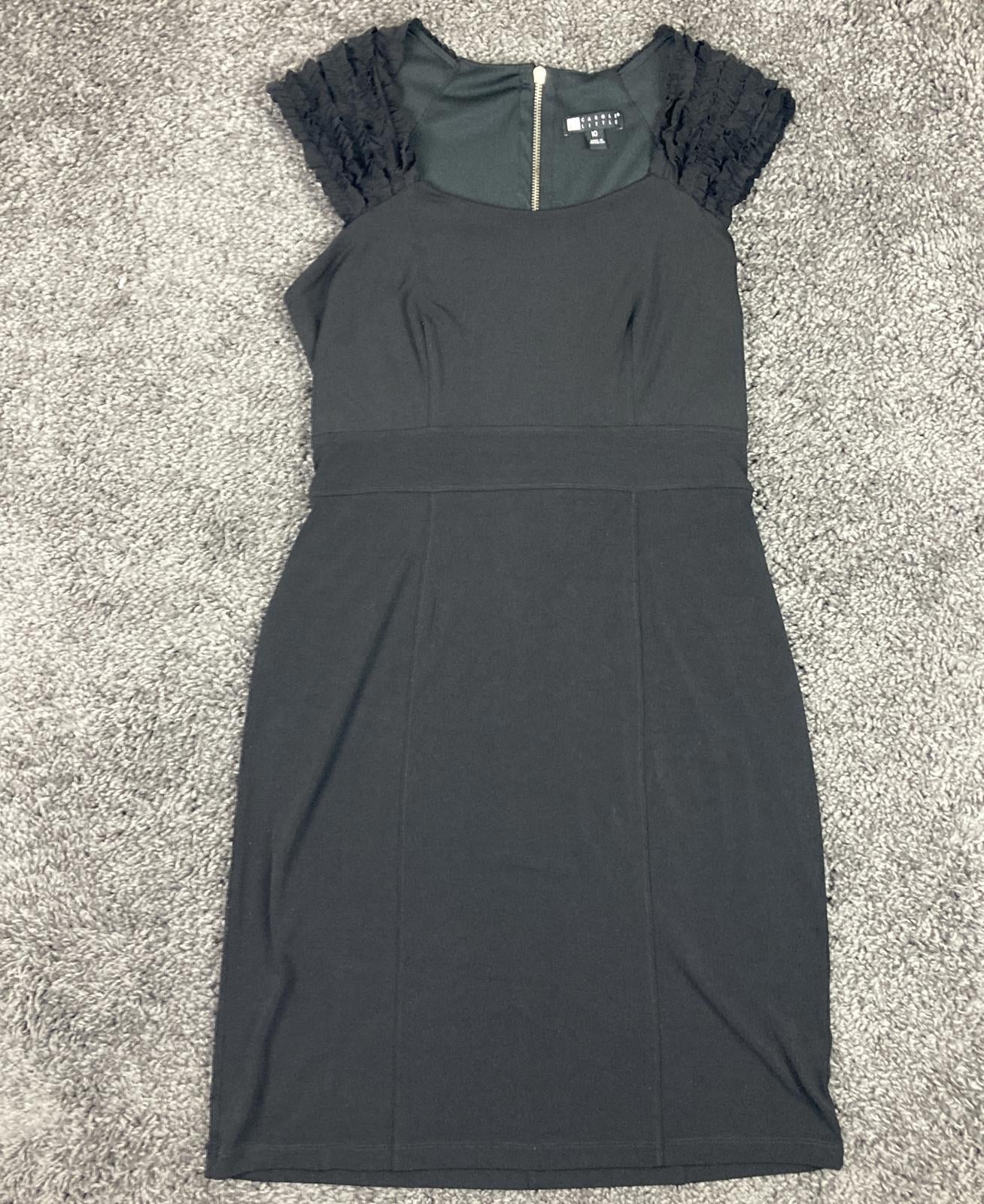Carole Little Women’s Black Ruffle Cap Sleeve Sheath Dress Back Zip Size 10