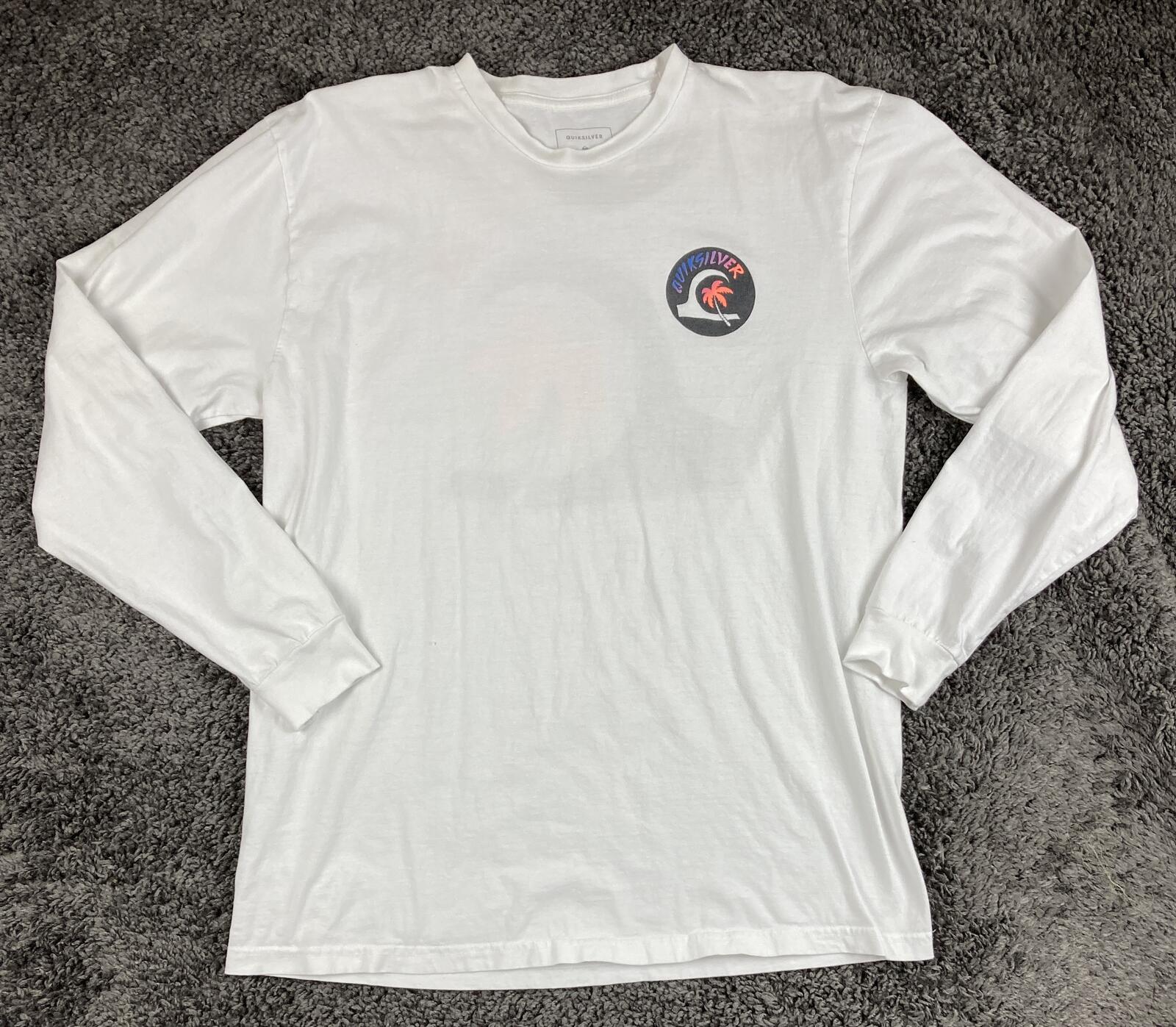 Quiksilver Mens Long Sleeve Graphic T-Shirt XL White Cotton Palm Tree Wave 1401