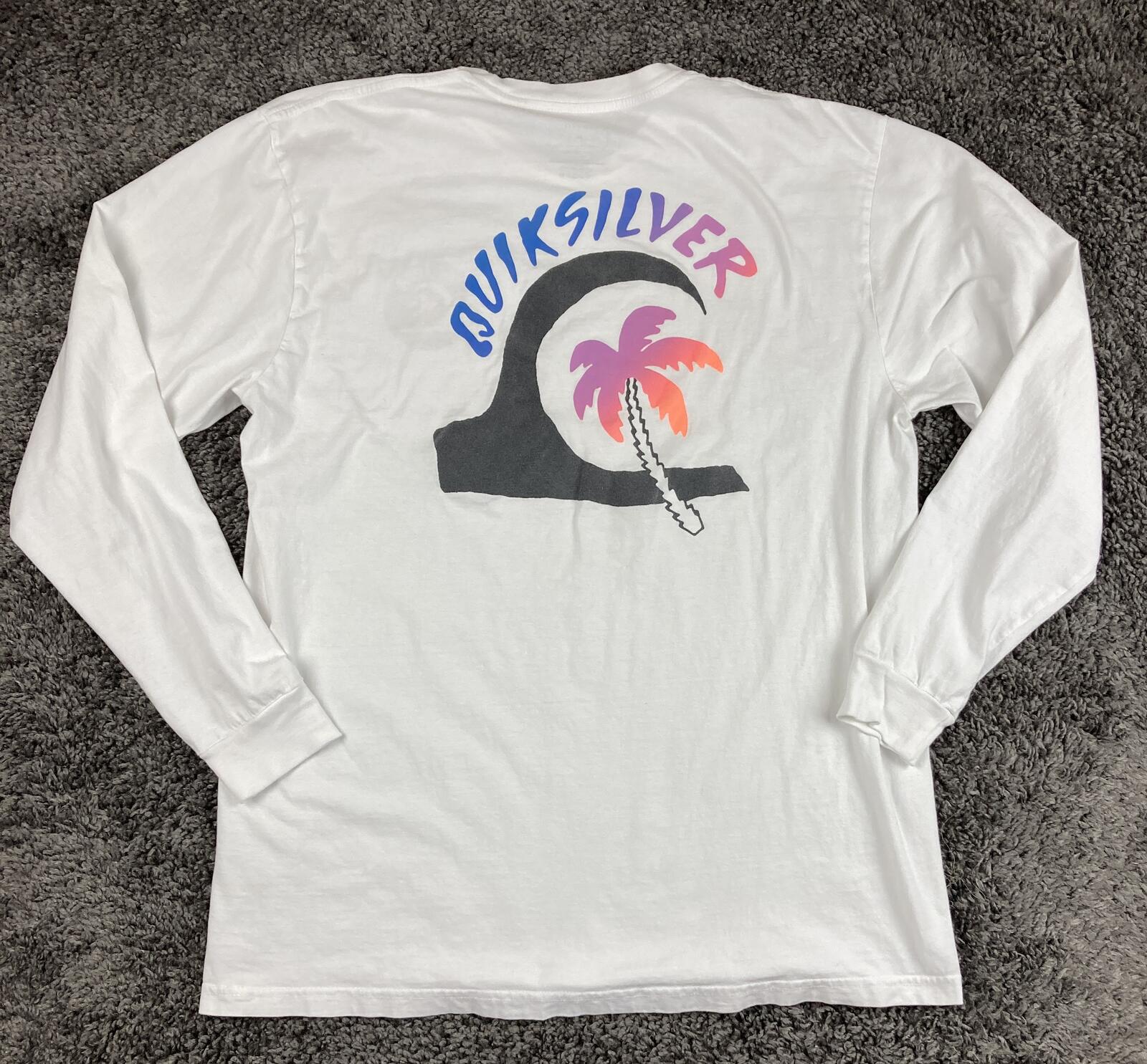 Quiksilver Mens Long Sleeve Graphic T-Shirt XL White Cotton Palm Tree Wave 1401