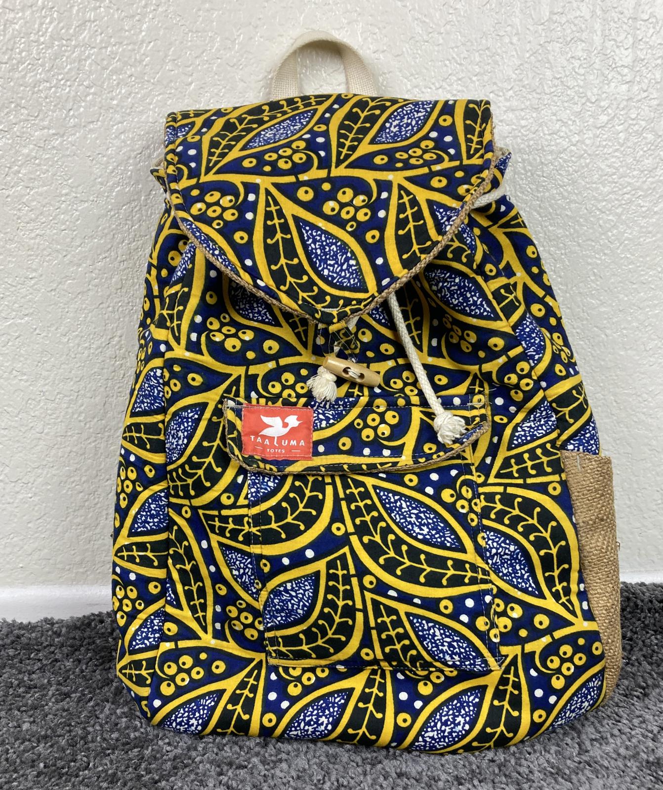 Taaluma Ivory Coast Tote Backpack Blue Yellow Burlap Size 17x13x6