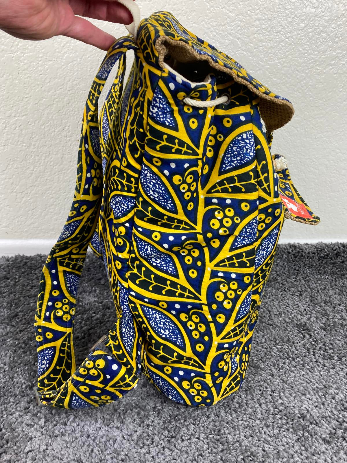 Taaluma Ivory Coast Tote Backpack Blue Yellow Burlap Size 17x13x6