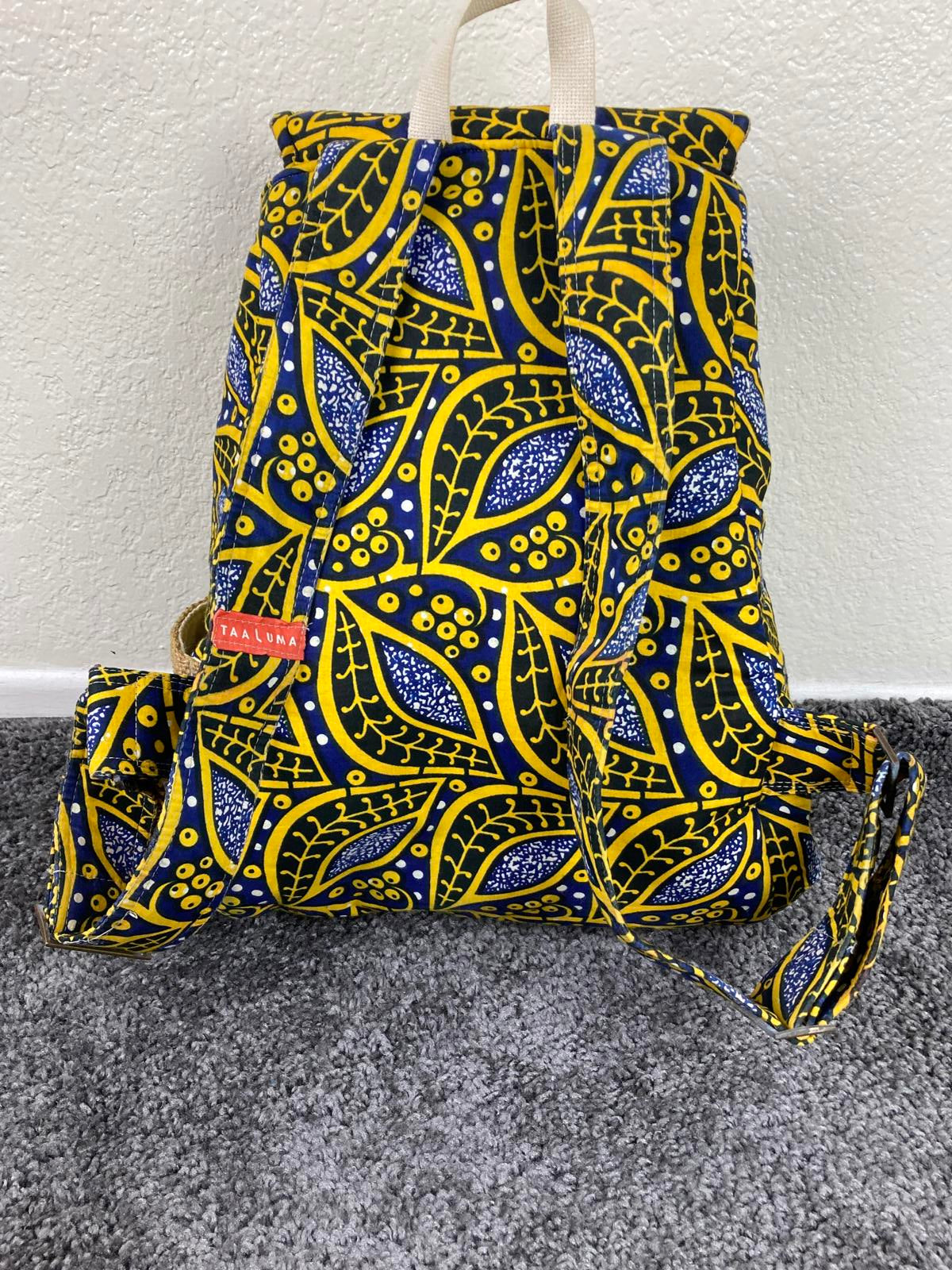 Taaluma Ivory Coast Tote Backpack Blue Yellow Burlap Size 17x13x6