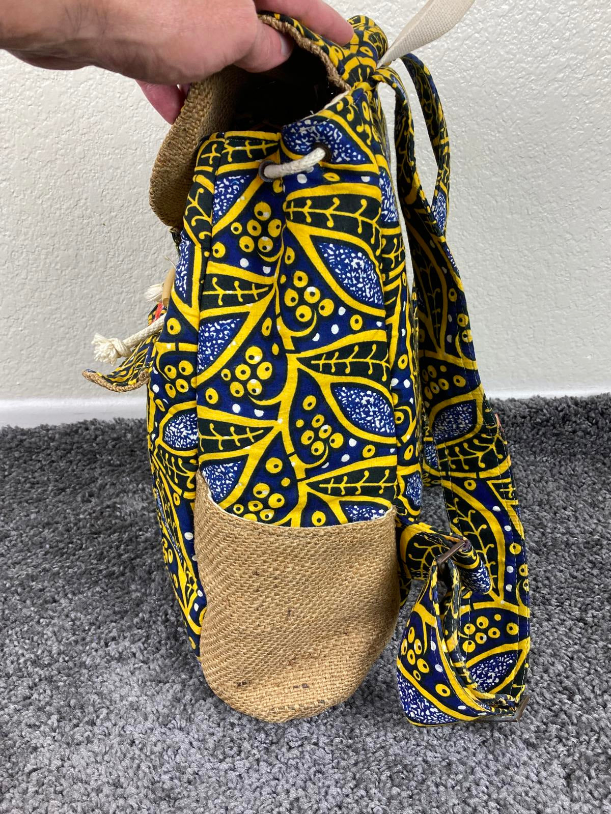 Taaluma Ivory Coast Tote Backpack Blue Yellow Burlap Size 17x13x6