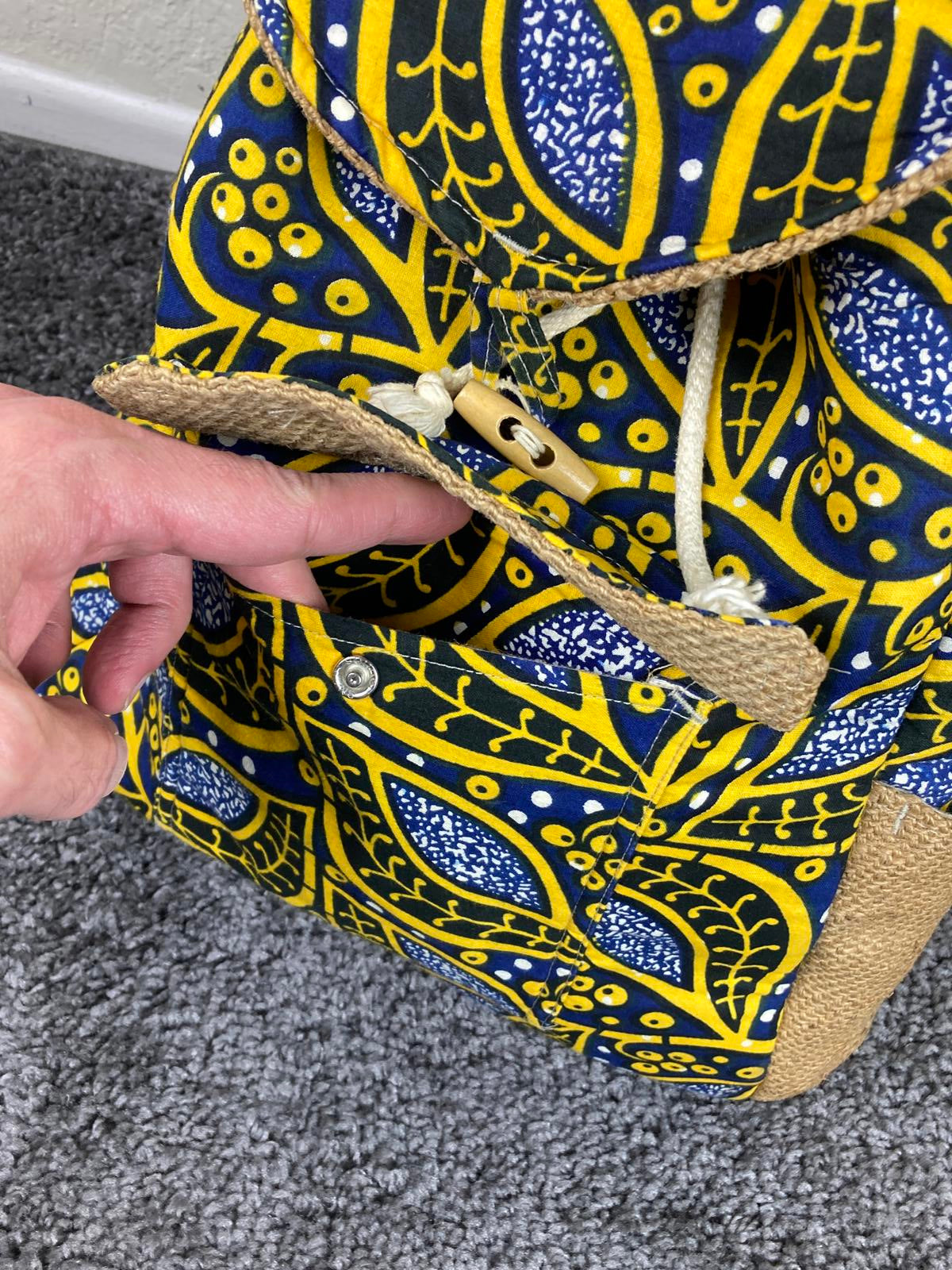 Taaluma Ivory Coast Tote Backpack Blue Yellow Burlap Size 17x13x6