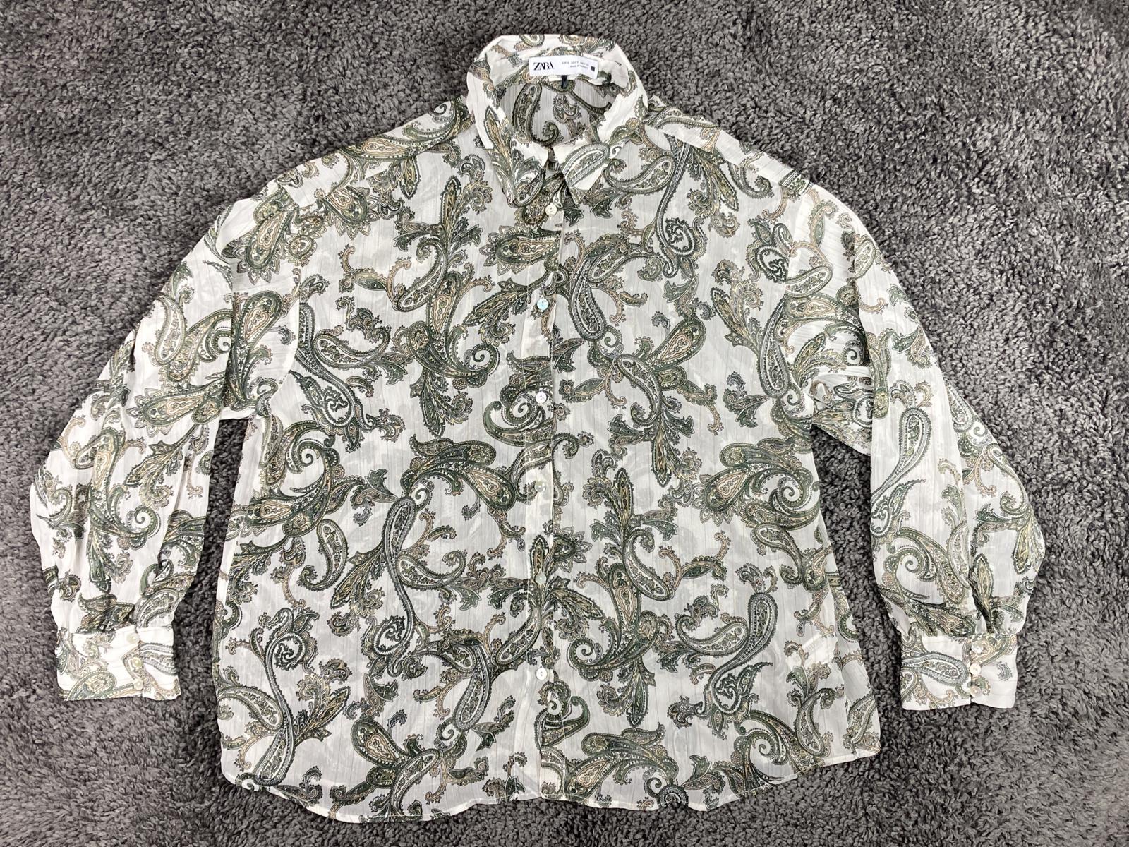 Zara Women’s Paisley Long Sleeve Button Front Blouse S Green White Gold Sheer