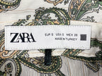 Zara Women’s Paisley Long Sleeve Button Front Blouse S Green White Gold Sheer