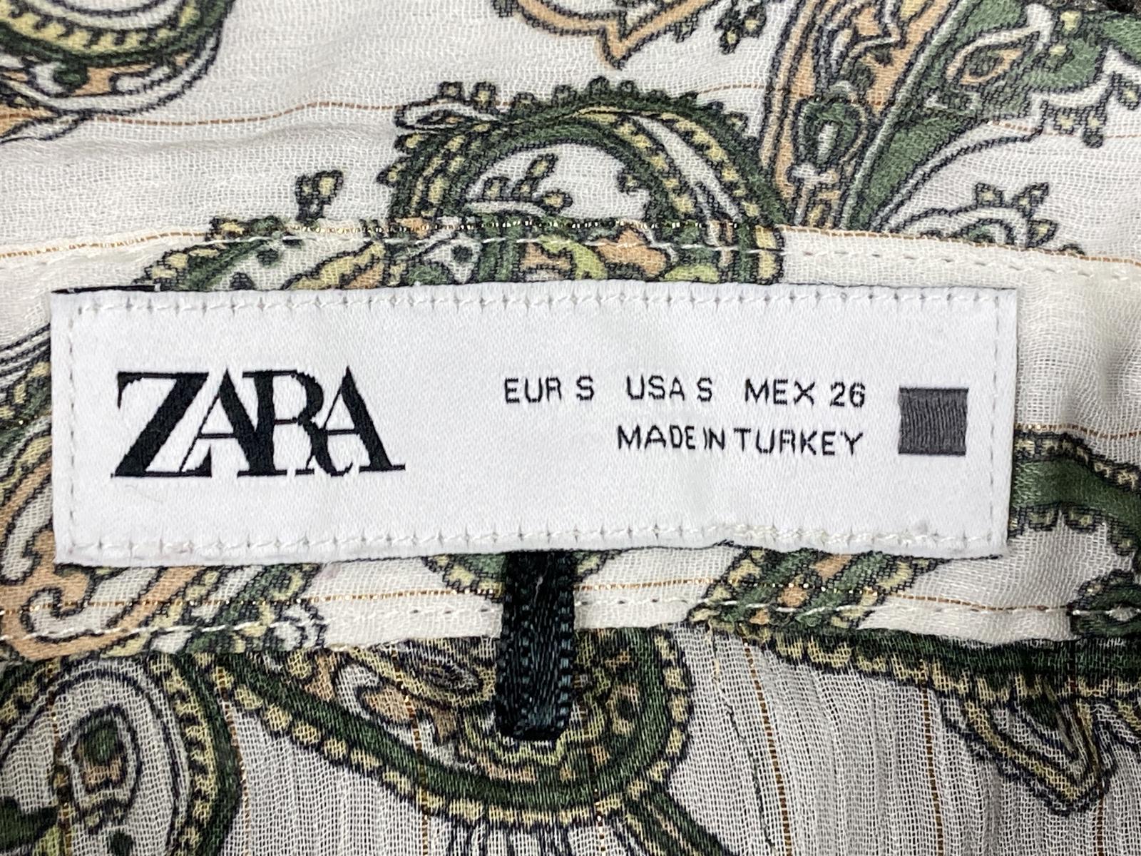 Zara Women’s Paisley Long Sleeve Button Front Blouse S Green White Gold Sheer