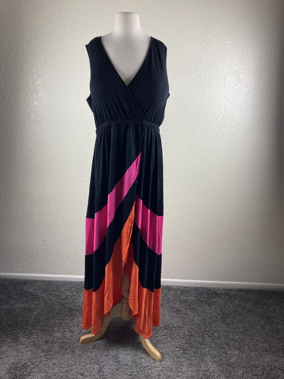 Boston Proper Colorblock High Low Maxi Dress Pink Orange Black Surplice V Size M