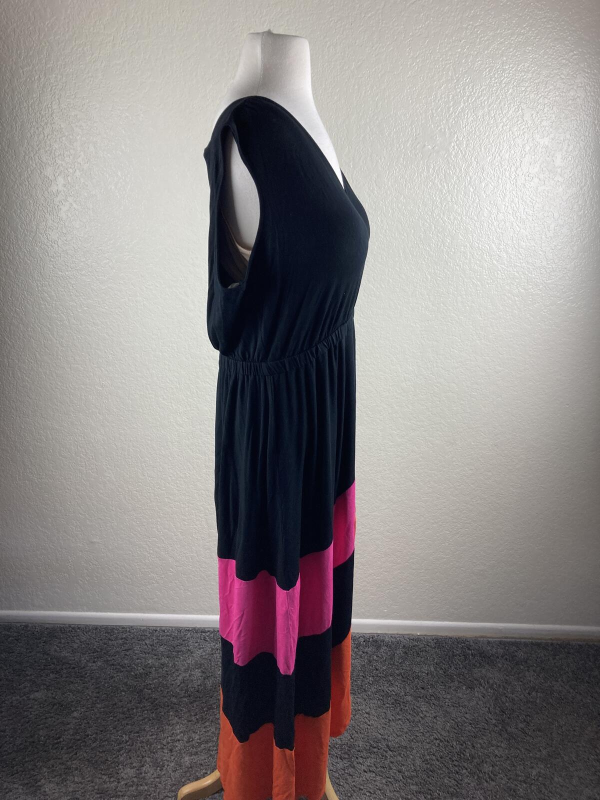 Boston Proper Colorblock High Low Maxi Dress Pink Orange Black Surplice V Size M