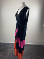 Boston Proper Colorblock High Low Maxi Dress Pink Orange Black Surplice V Size M