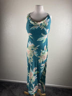 Lé Salty Label Teal Floral MIDI Dress Cowl Neck Slit Boho Coastal Sz Large