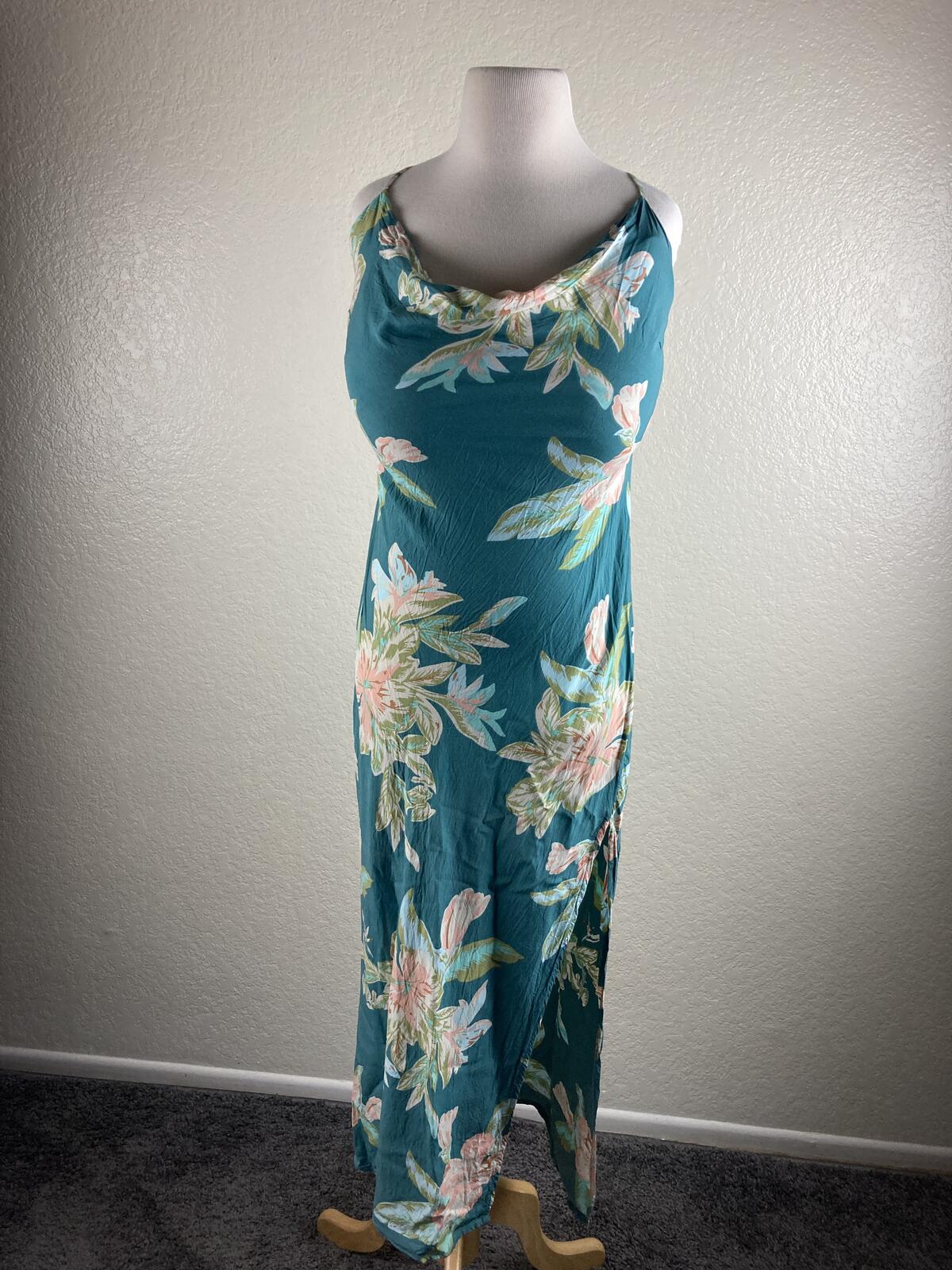 Lé Salty Label Teal Floral MIDI Dress Cowl Neck Slit Boho Coastal Sz Large