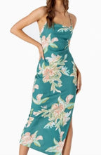 Lé Salty Label Teal Floral MIDI Dress Cowl Neck Slit Boho Coastal Sz Large