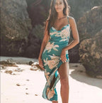 Lé Salty Label Teal Floral MIDI Dress Cowl Neck Slit Boho Coastal Sz Large