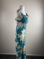 Lé Salty Label Teal Floral MIDI Dress Cowl Neck Slit Boho Coastal Sz Large