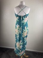 Lé Salty Label Teal Floral MIDI Dress Cowl Neck Slit Boho Coastal Sz Large