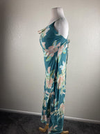 Lé Salty Label Teal Floral MIDI Dress Cowl Neck Slit Boho Coastal Sz Large