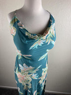 Lé Salty Label Teal Floral MIDI Dress Cowl Neck Slit Boho Coastal Sz Large