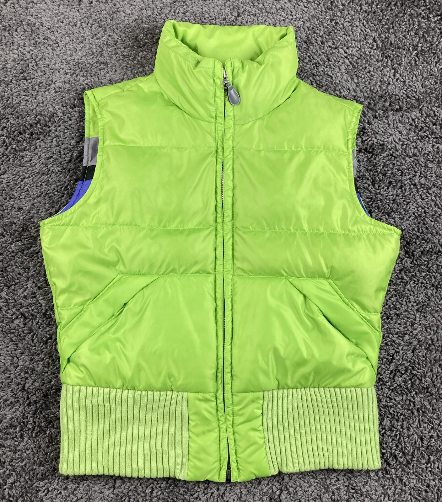 Tommy Hilfiger Women's Puffer Vest Neon Lime Green Full Zip Ribbed Hem Sz Small