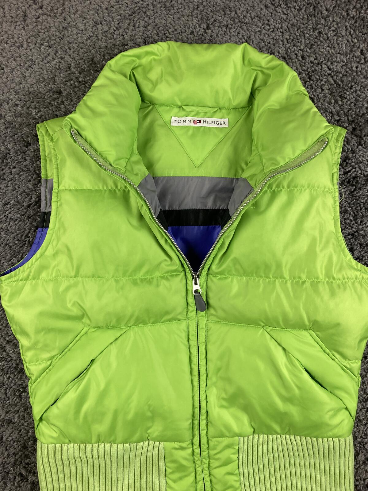 Tommy Hilfiger Women's Puffer Vest Neon Lime Green Full Zip Ribbed Hem Sz Small