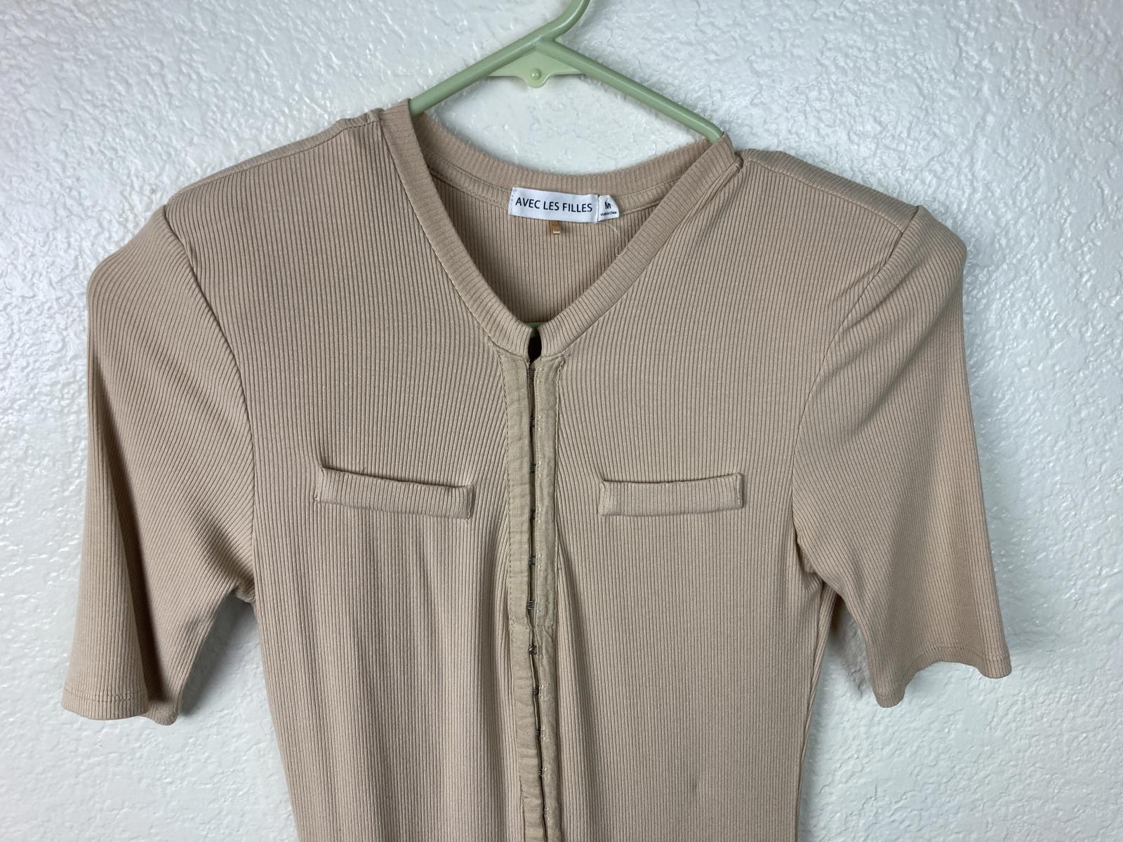 Avec Les Filles HALF Sleeve Military-Inspired Rib Knit Midi Dress Beige Size M