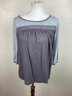 Boden Mixed Media Lace Yoke 3/4 Sleeve Top Gray Purple Women US Sz 4