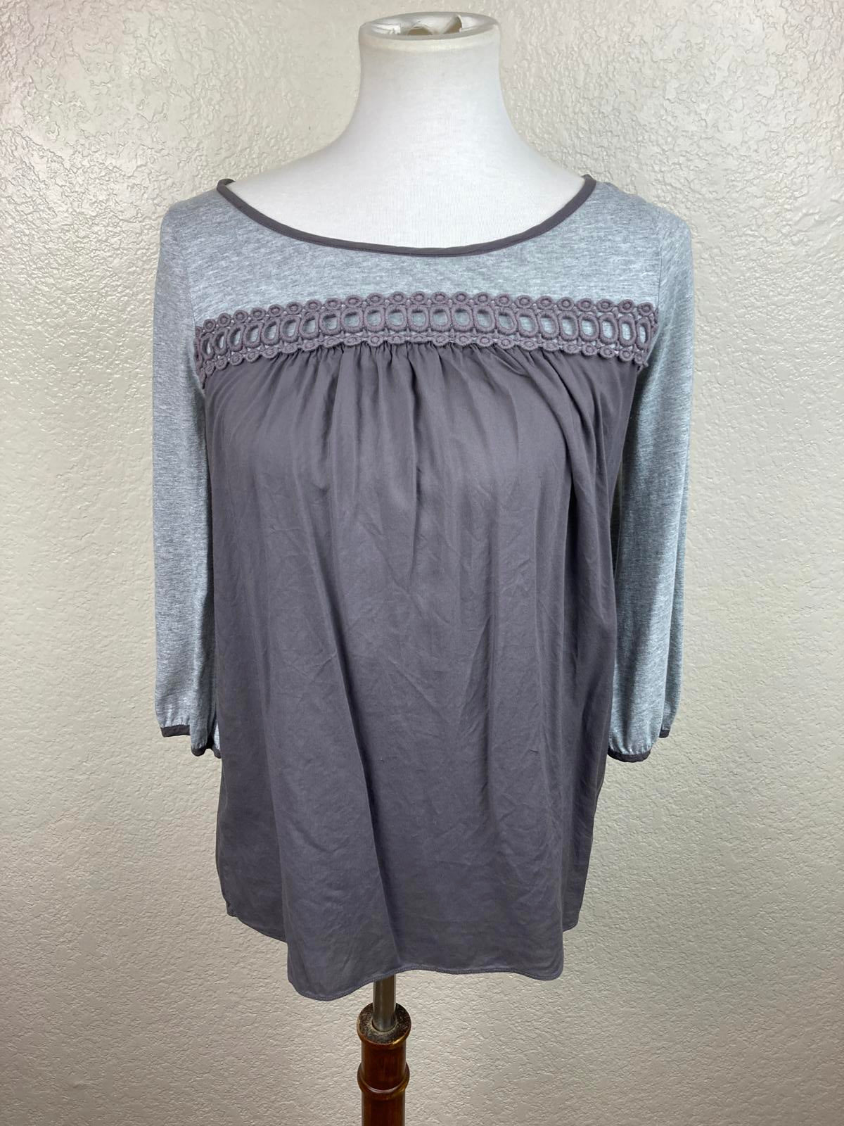 Boden Mixed Media Lace Yoke 3/4 Sleeve Top Gray Purple Women US Sz 4