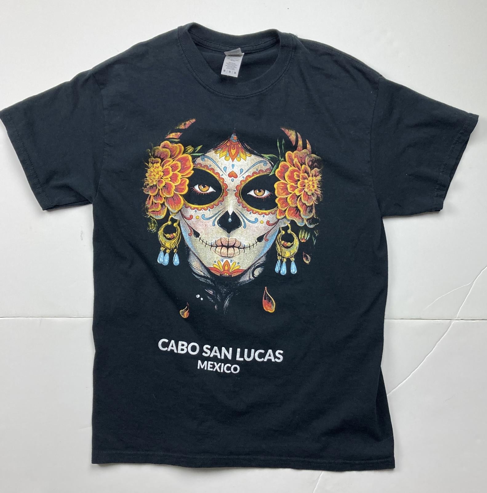 Cabo San Lucas T-Shirt Mex Sugar Skull Día de los Muertos  Heavy Cotton Sz M Blk