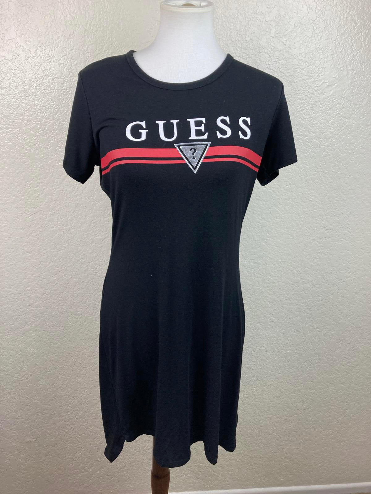 GUESS Los Angeles Triangle Logo Women's Black Shirt Dress Red Metallic Size L