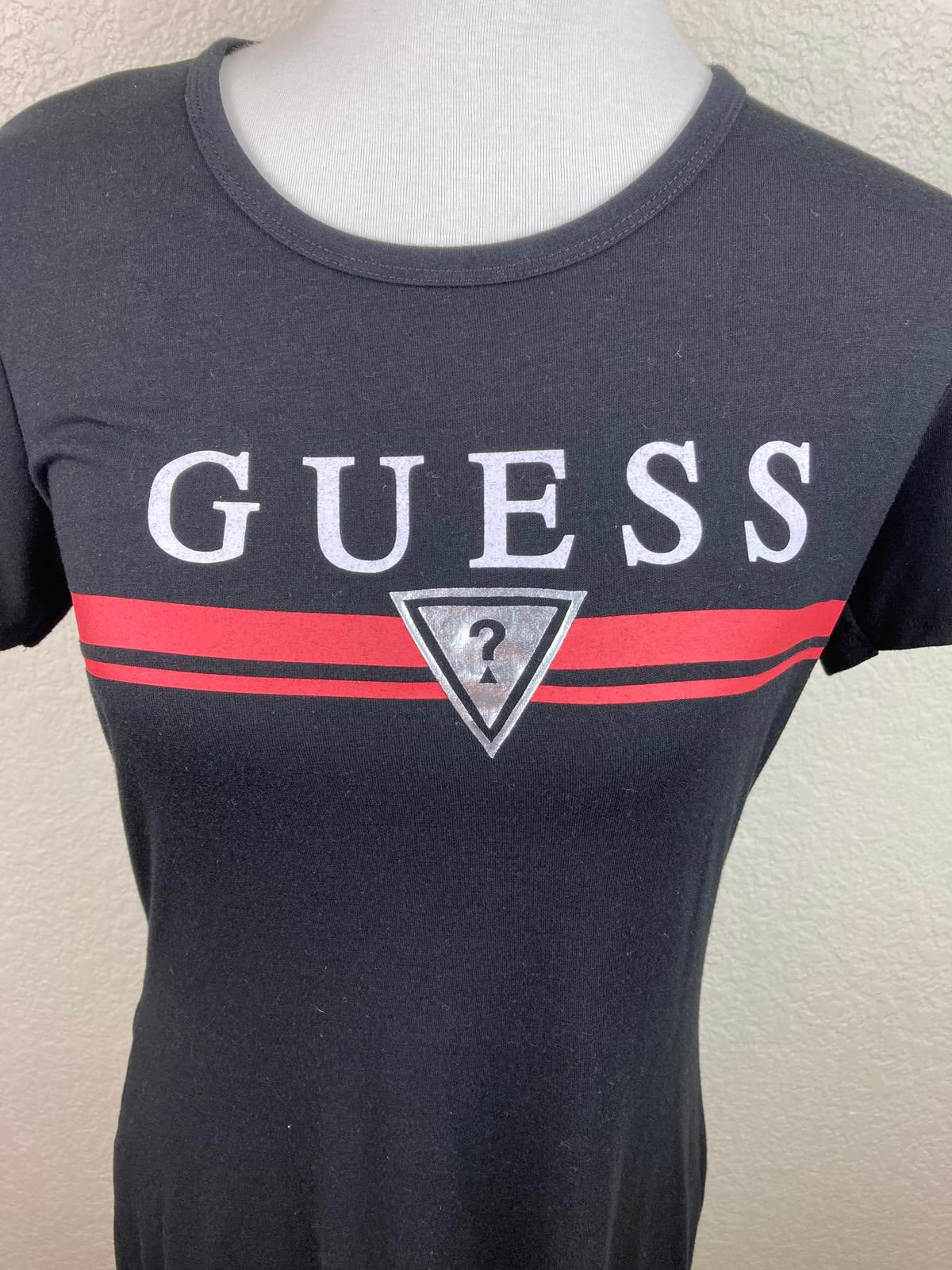 GUESS Los Angeles Triangle Logo Women's Black Shirt Dress Red Metallic Size L
