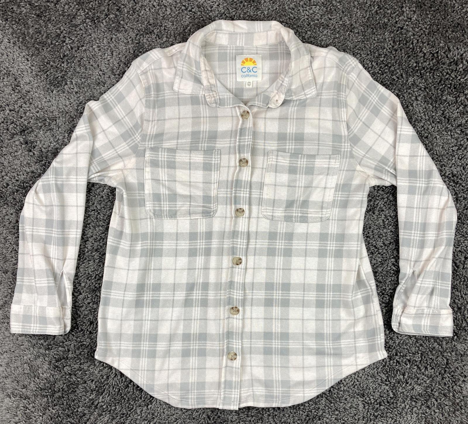C&C California Plaid Button Up Shirt Womens White Gray Long Sleeve  Size M