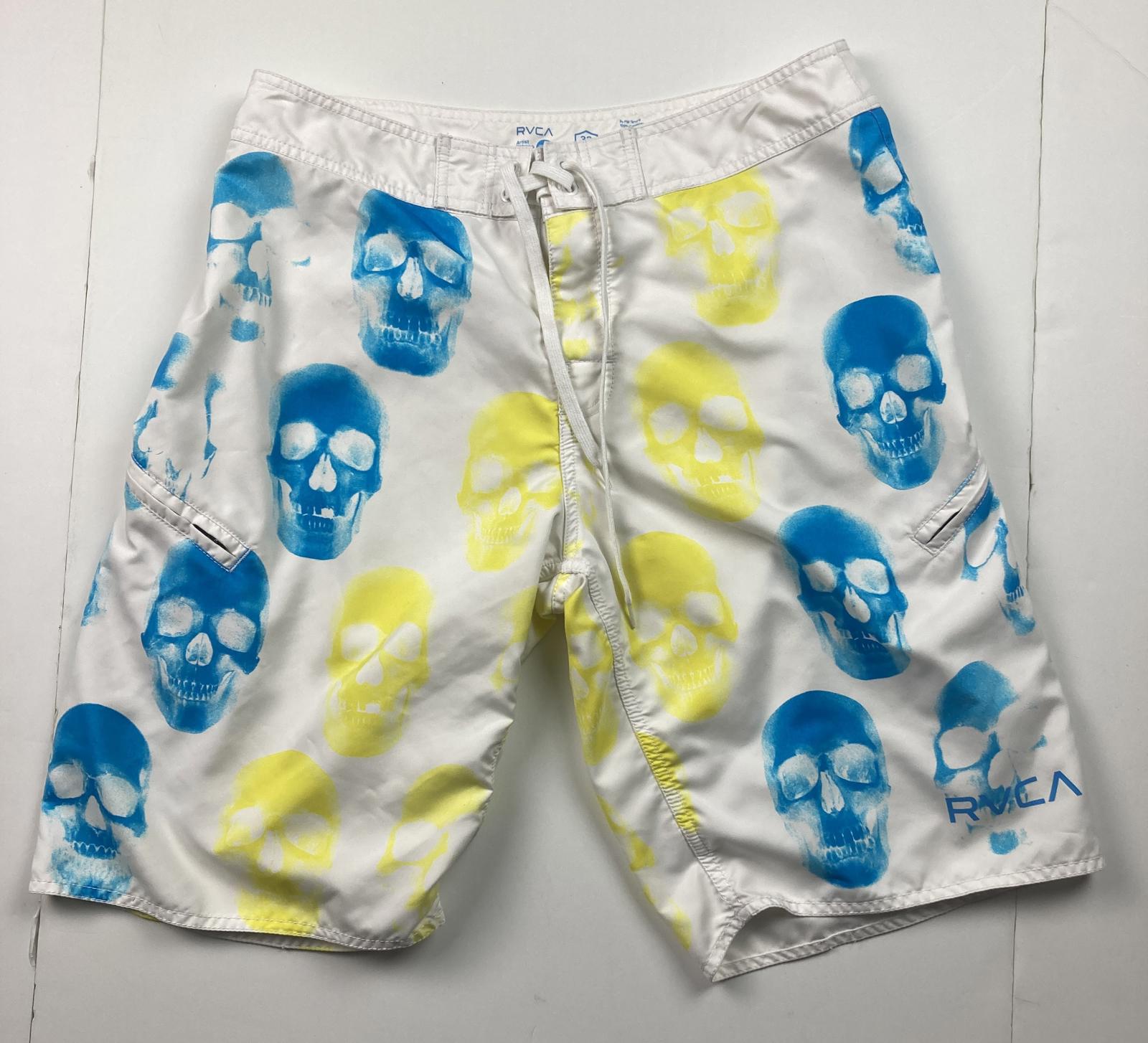 RVCA ANP Skull Print Boardshorts Men 32 White Blue Yellow Zip Pockets Surf Swim