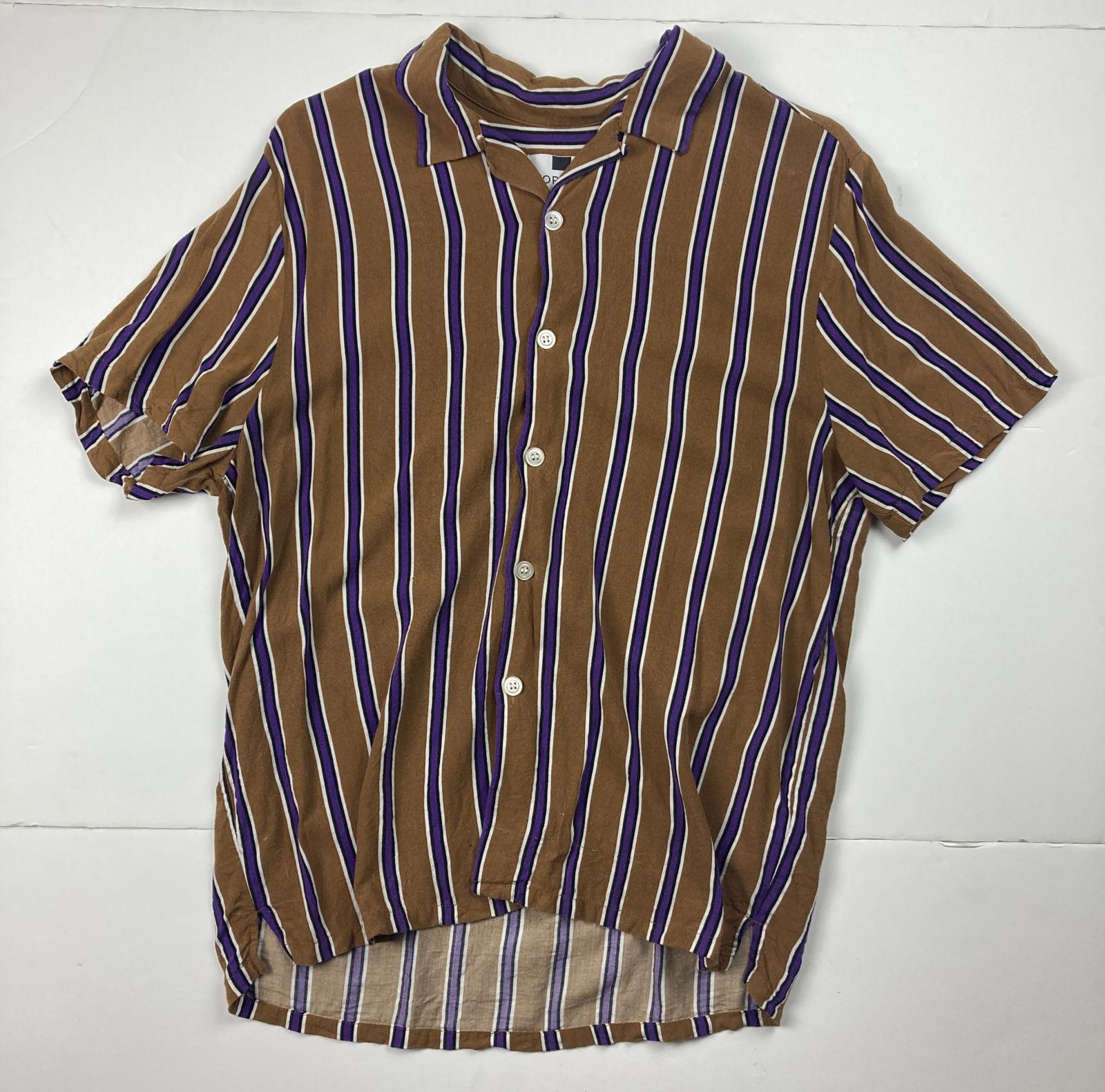 Topman Men’s Short Sleeve Button Up Shirt Sz Large Brown Purple Stripe