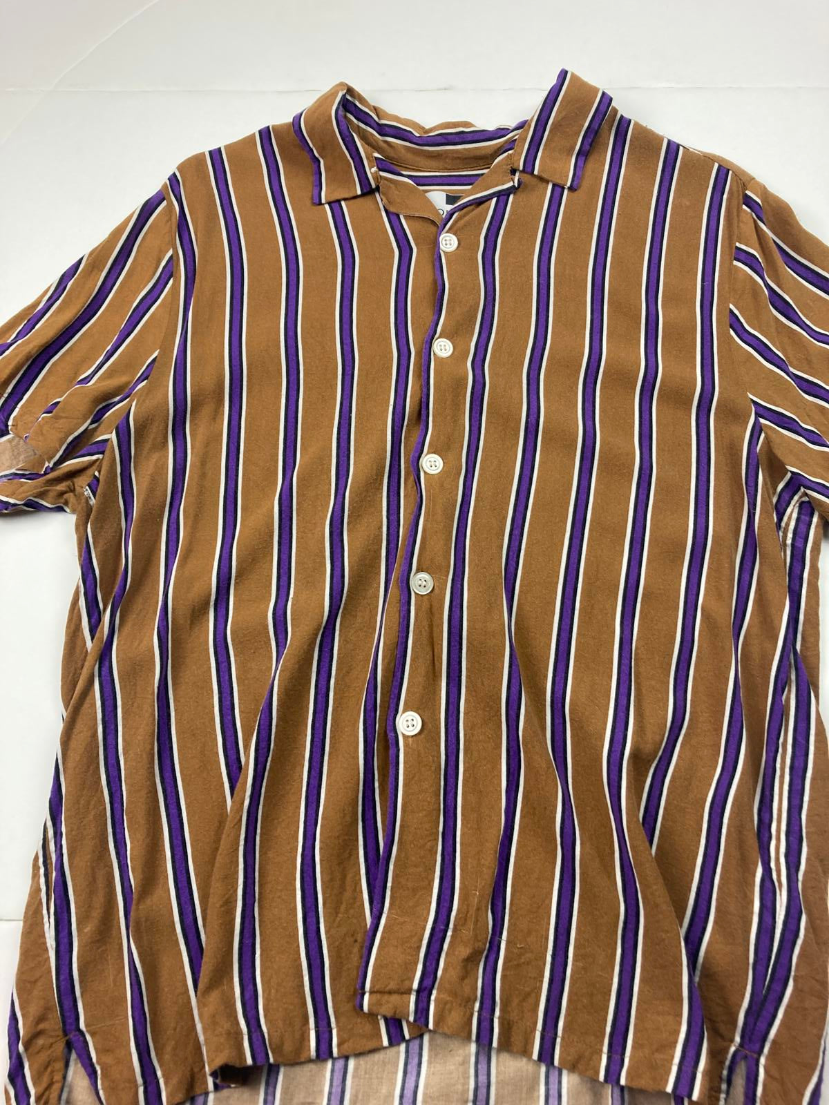 Topman Men’s Short Sleeve Button Up Shirt Sz Large Brown Purple Stripe