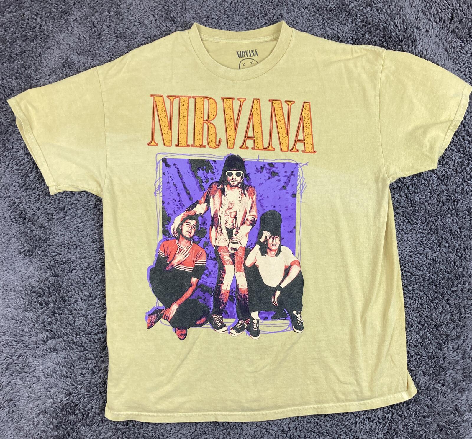 Nirvana Shirt Mens Yellow Band Graphic Tee Vintage Style Kurt Cobain Sz XL