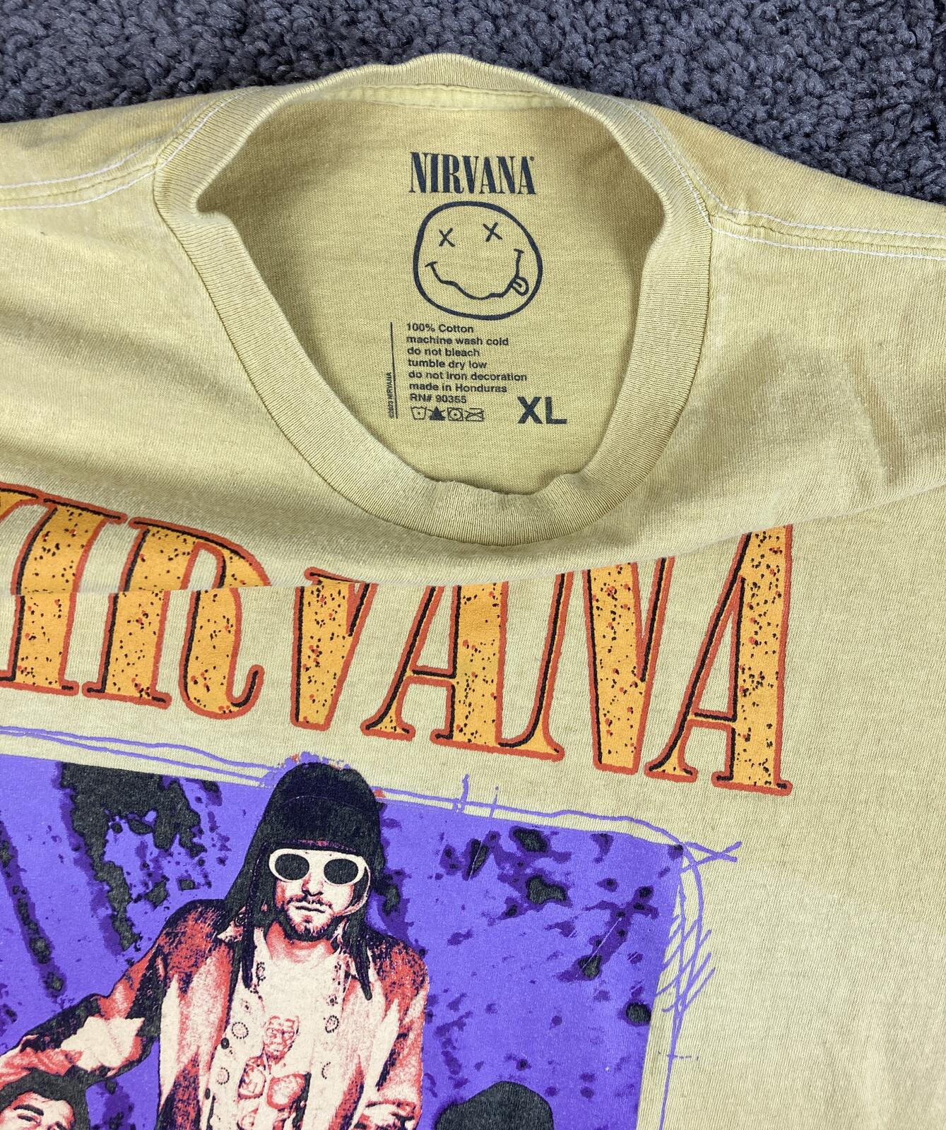 Nirvana Shirt Mens Yellow Band Graphic Tee Vintage Style Kurt Cobain Sz XL