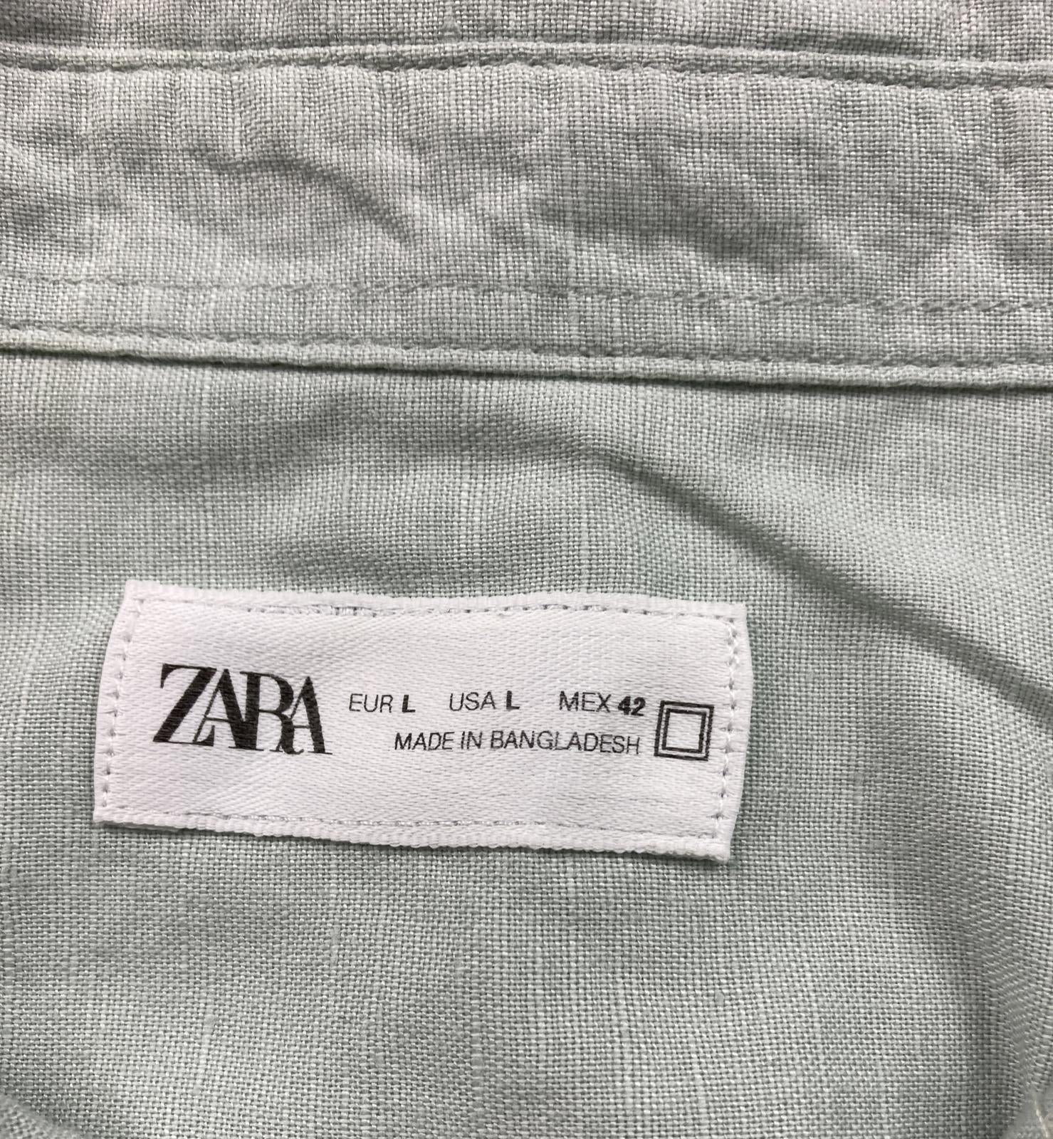 ZARA Men’s Shirt Size Large Linen Cotton Button-Down Sage Green Long Sleeve