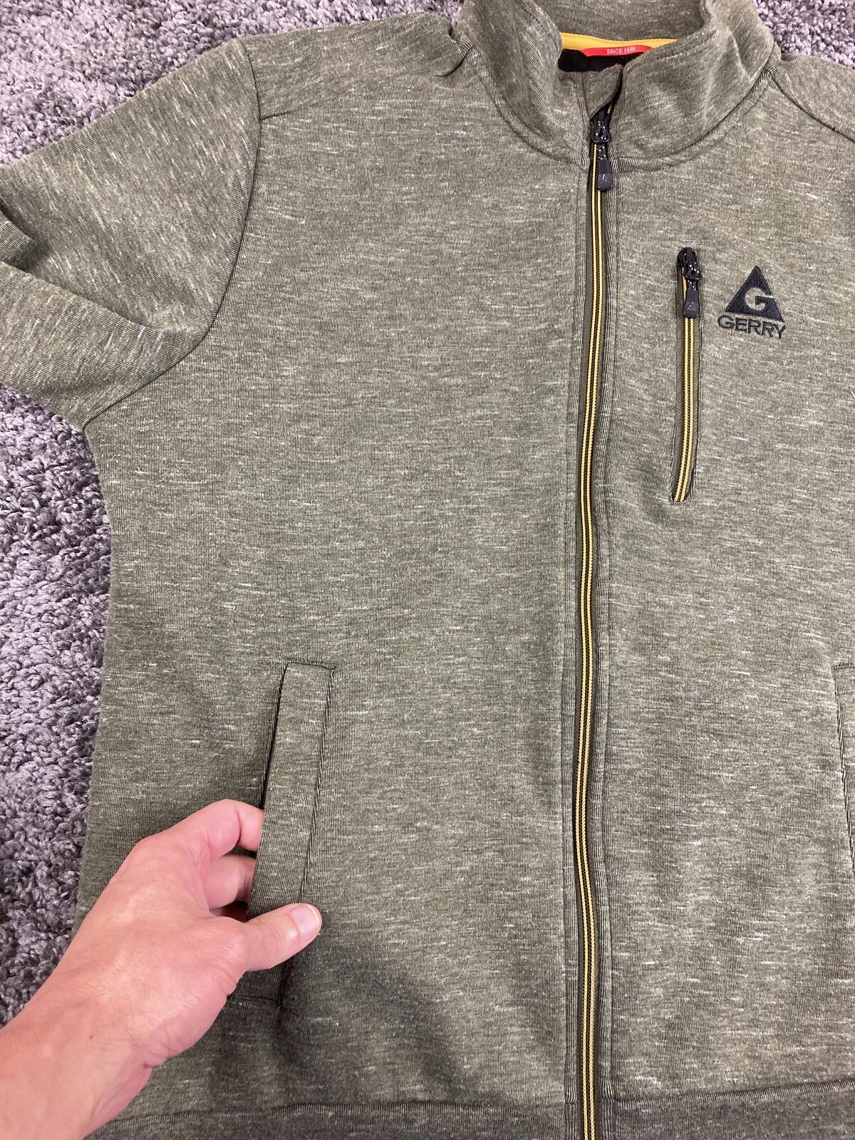 Gerry Mens Full Zip Heathered Knit Jacket Green Yellow Trim Fleece Lined Sz L