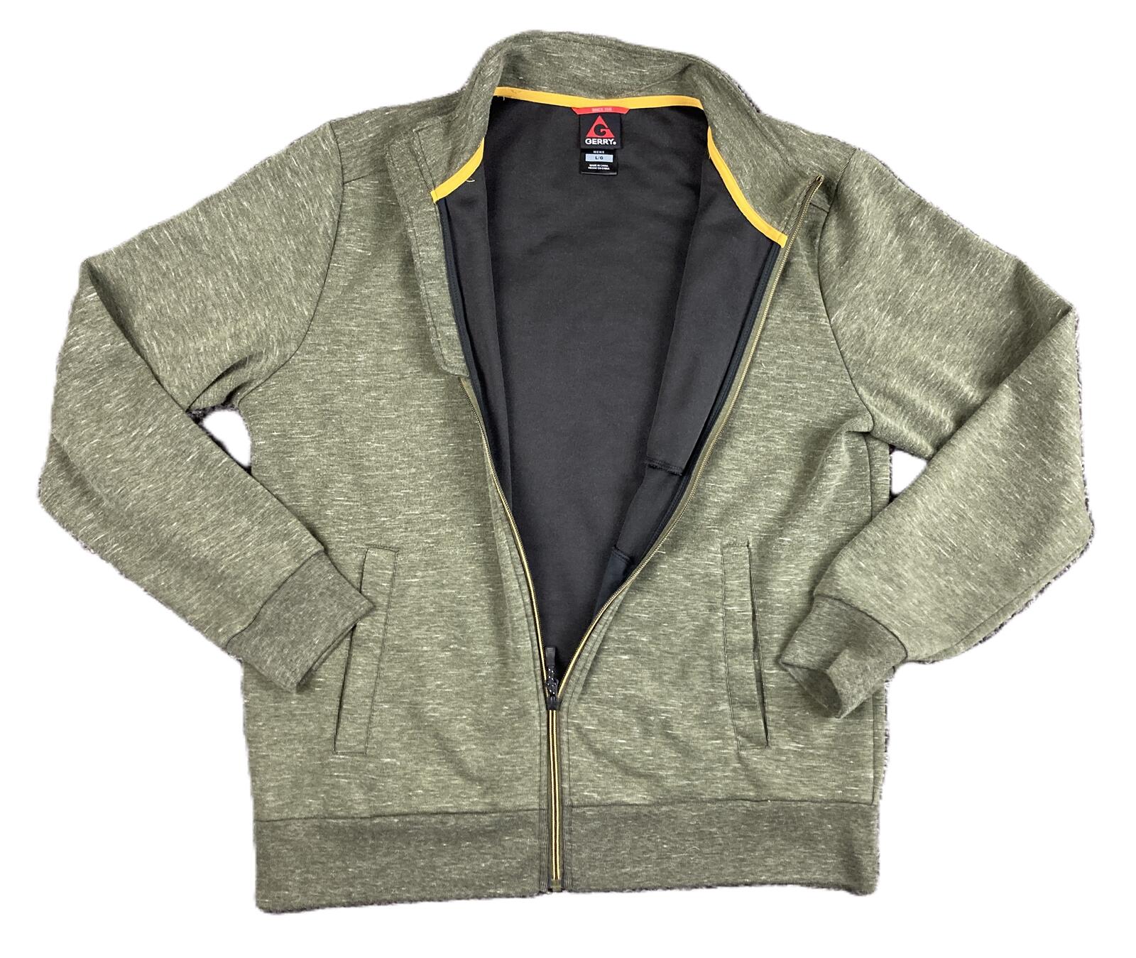 Gerry Mens Full Zip Heathered Knit Jacket Green Yellow Trim Fleece Lined Sz L