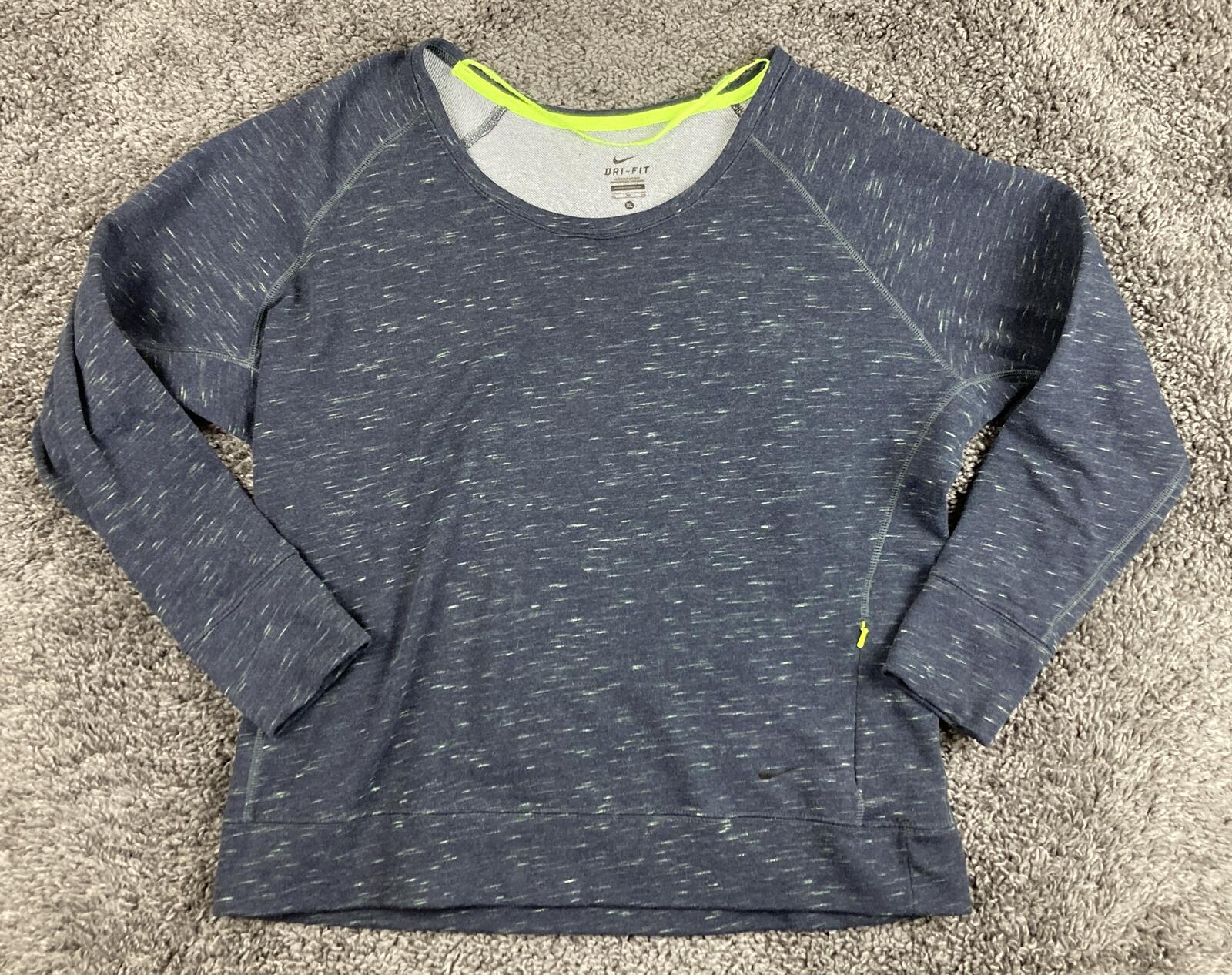 Nike Dri-FIT Womens Crewneck Sweatshirt Pullover Gray Blue Space Dye Pocket  XL