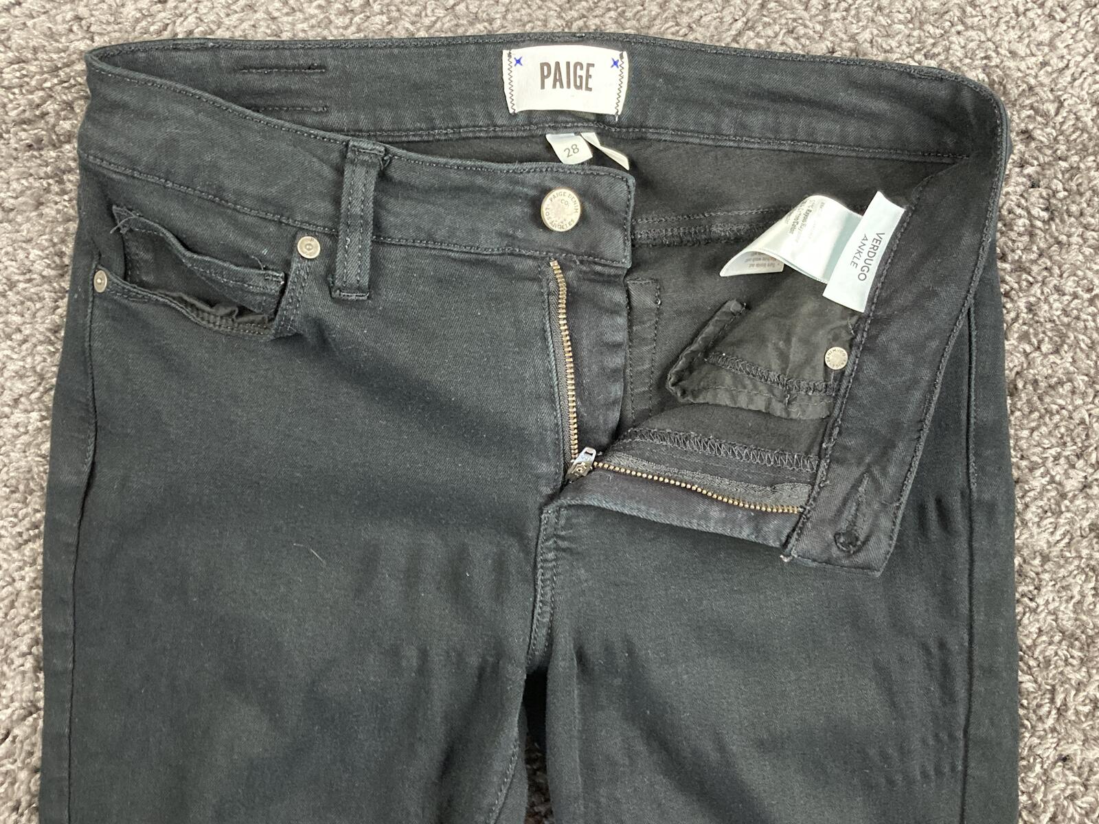 PAIGE Verdugo Ankle Skinny Jeans Black Overdye Transcend Stretch Womens Size 28
