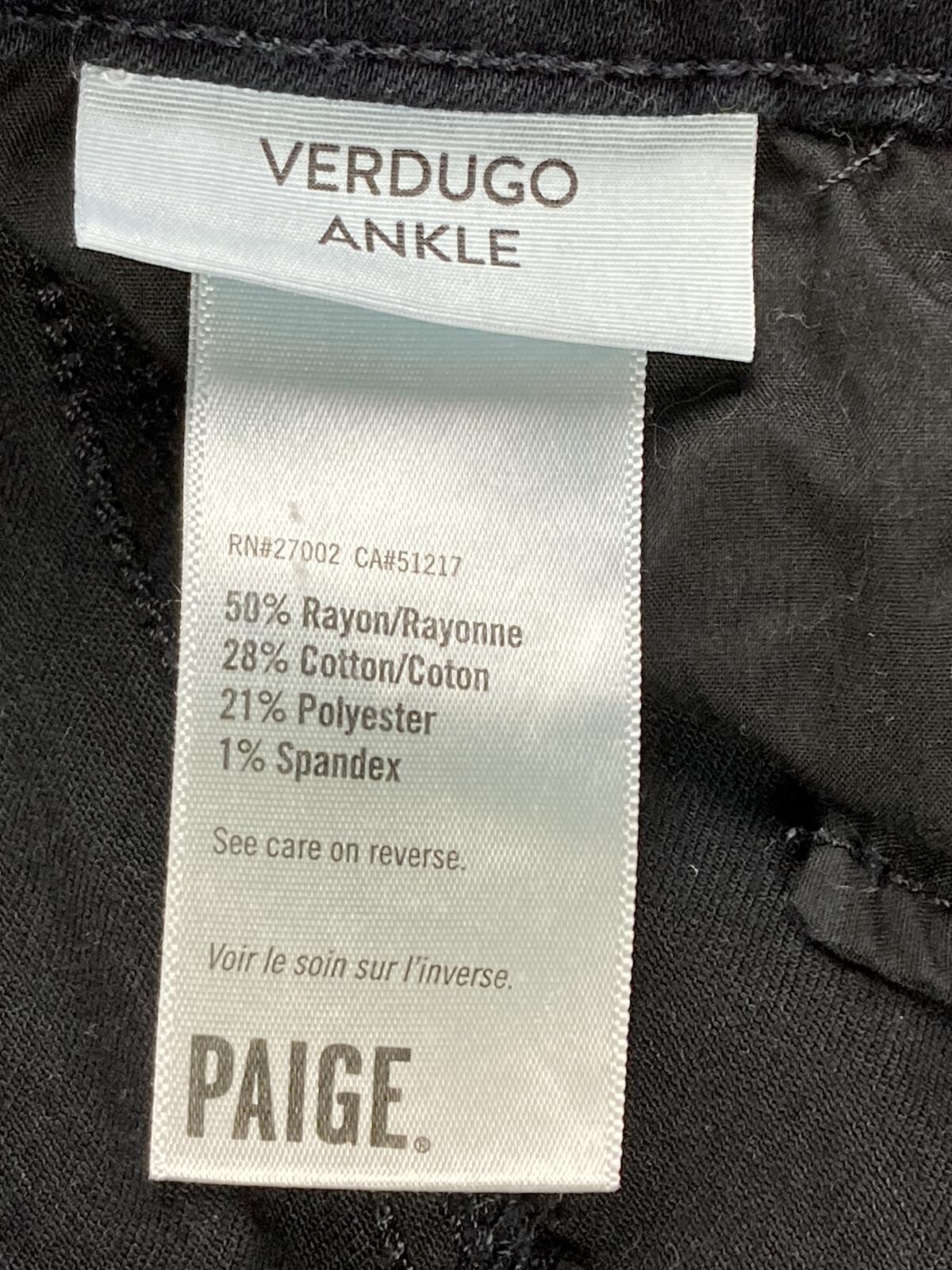 PAIGE Verdugo Ankle Skinny Jeans Black Overdye Transcend Stretch Womens Size 28