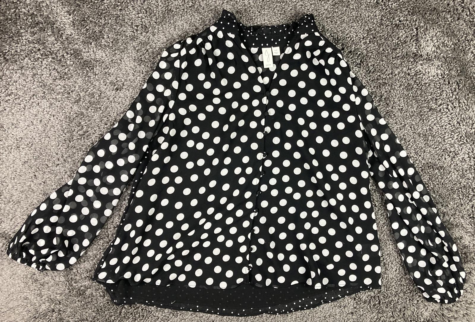 Joie Black White Polka Dot Sheer Blouse Ruffle Neck Button Front Long Sleeve S/P